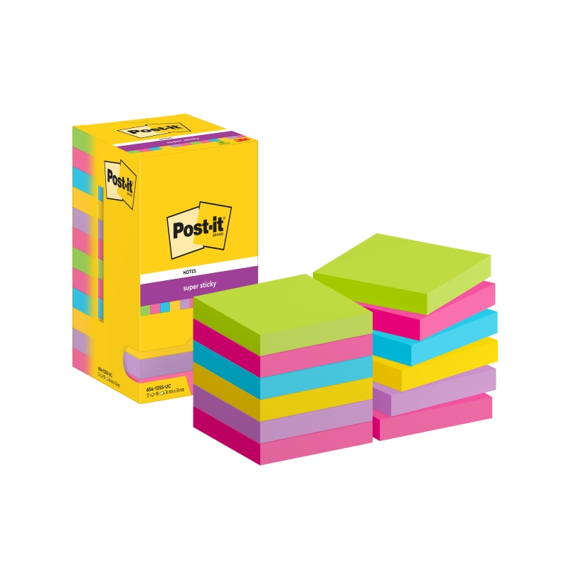 Post-It Super Sticky Pack de 12 blocs de 90 notes autocollantes repositionnables - Forme carrée - 76 x 76 mm - Couleurs