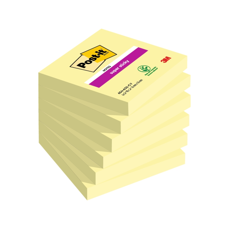 Post-It Super Sticky Pack de 6 blocs de 90 notes autocollantes repositionnables - Forme carrée - 76 x 76 mm - Jaune clair