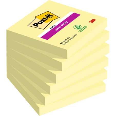 Post-It Super Sticky Pack de 6 blocs de 90 notes autocollantes repositionnables - Forme carrée - 76 x 76 mm - Jaune clair