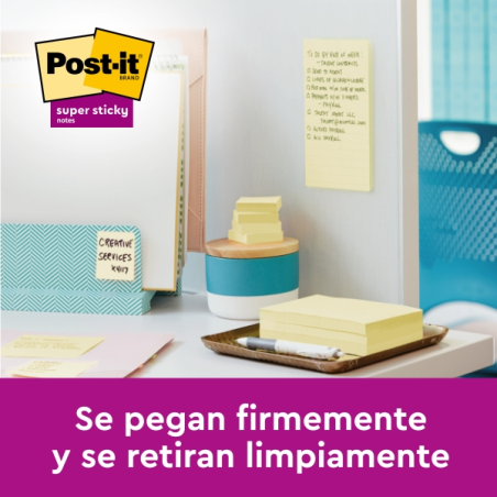 Post-It Super Sticky Pack de 6 blocs de 90 notes autocollantes repositionnables - Forme carrée - 76 x 76 mm - Jaune clair