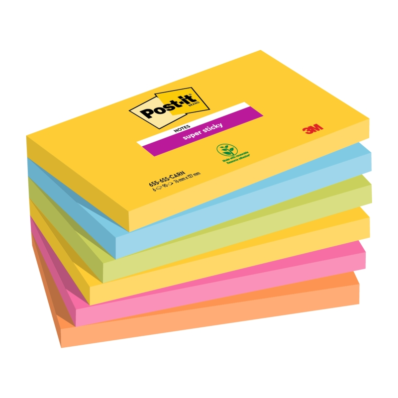 Post-It Super Sticky Pack de 6 blocs de 90 notes autocollantes repositionnables - Forme rectangulaire - Couleurs assorties