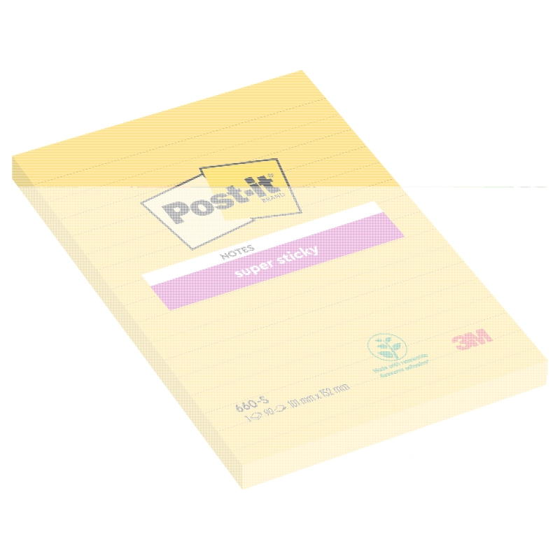Post-It Super Sticky Pack de 6 blocs de 75 notes adhésives repositionnables - Forme rectangulaire - 101 x 152 mm - Jaune clair
