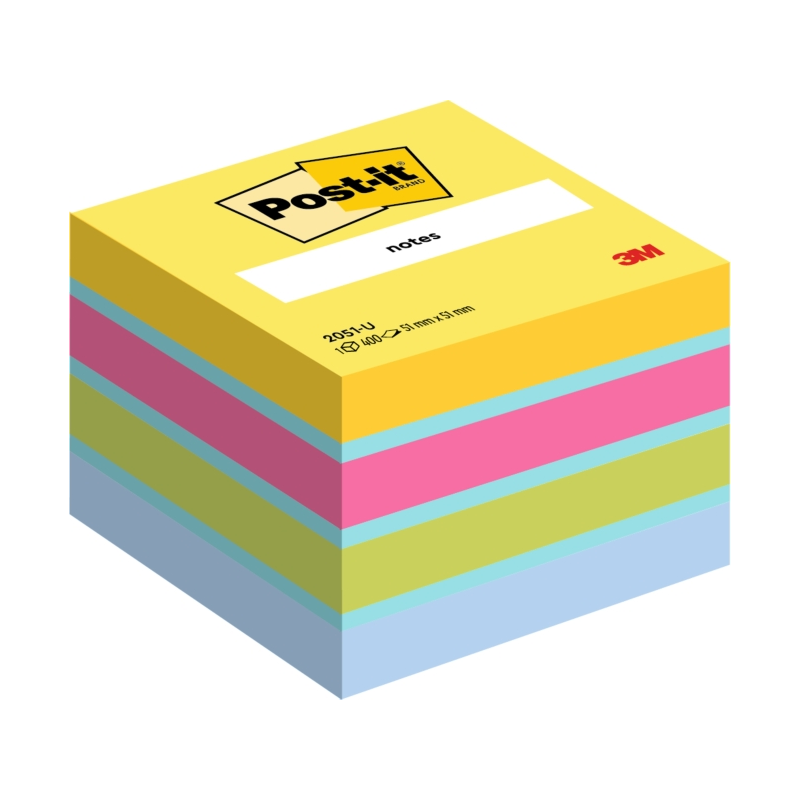 Cube Post-It de 400 notes autocollantes repositionnables - Forme carrée - 51 x 51 mm - Couleurs assorties