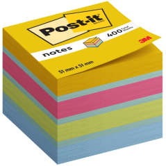 Cube Post-It de 400 notes autocollantes repositionnables - Forme carrée - 51 x 51 mm - Couleurs assorties