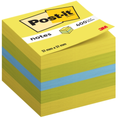 Cube Post-It de 400 notes autocollantes repositionnables - Forme carrée - 51 x 51 mm - Couleurs assorties