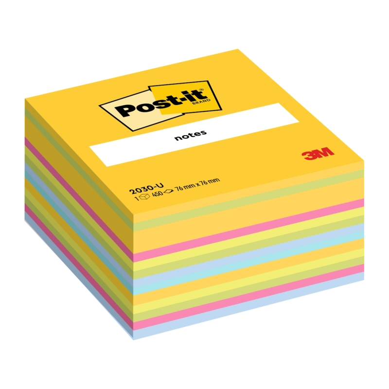 Cube Post-It de 450 notes autocollantes repositionnables - Forme carrée - 76 x 76 mm - Couleurs assorties