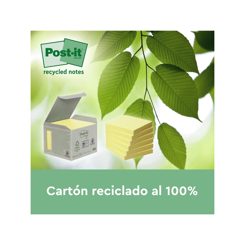 Lot de 6 blocs de 100 notes autocollantes recyclées Post-It - Forme carrée - 76 x 76 mm - Jaune clair