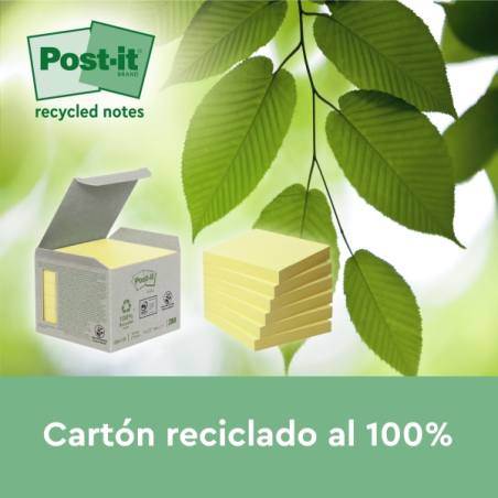 Lot de 6 blocs de 100 notes autocollantes recyclées Post-It - Forme carrée - 76 x 76 mm - Jaune clair