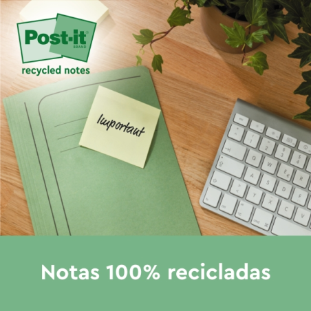 Lot de 6 blocs de 100 notes autocollantes recyclées Post-It - Forme carrée - 76 x 76 mm - Jaune clair