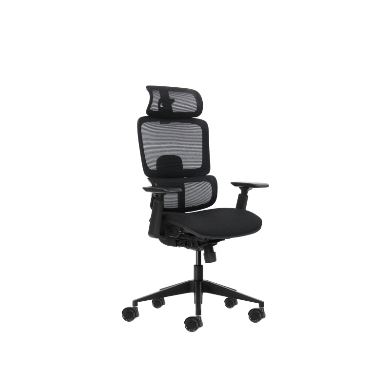 Chaise de bureau ergonomique Oqonos Cherg 027 avec appui-tête cervical réglable, dossier et assise en maille élastique, dossier