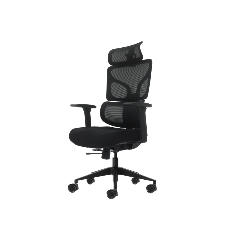 Chaise de bureau ergonomique Oqonos Cherg 010 avec appui-tête cervical réglable, dossier et assise en maille élastique