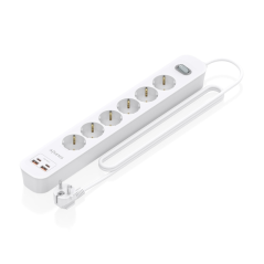 Multiprise Aisens avec 6 prises Schuko - 2 ports USB-C - 2 ports USB-A - Câble de 1,4 m - Interrupteur avec témoin LED