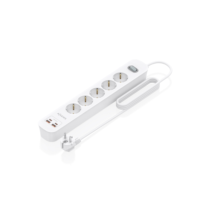 Multiprise Aisens avec 5 prises Schuko - 2 ports USB-C - 2 ports USB-A - Câble de 1,4 m - Interrupteur avec témoin LED