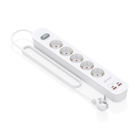 Multiprise Aisens avec 5 prises Schuko - 2 ports USB-C - 2 ports USB-A - Câble de 1,4 m - Interrupteur avec témoin LED