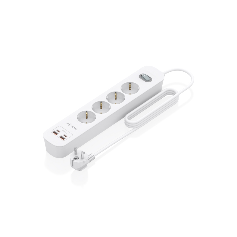 Multiprise Aisens avec 4 prises Schuko - 2 ports USB-C - 2 ports USB-A - Câble de 1,4 m - Interrupteur avec témoin LED