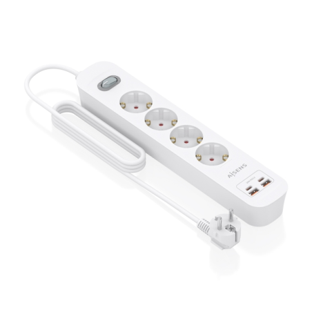 Multiprise Aisens avec 4 prises Schuko - 2 ports USB-C - 2 ports USB-A - Câble de 1,4 m - Interrupteur avec témoin LED