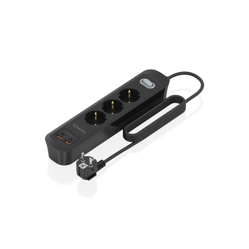 Multiprise Aisens avec 3 prises Schuko - 2 ports USB-C - 2 ports USB-A - Câble de 1,4 m - Interrupteur avec témoin LED