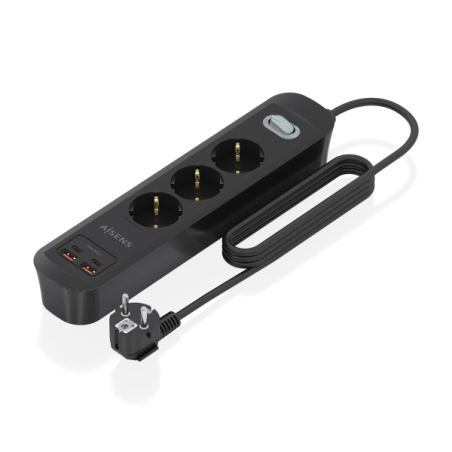 Multiprise Aisens avec 3 prises Schuko - 2 ports USB-C - 2 ports USB-A - Câble de 1,4 m - Interrupteur avec témoin LED