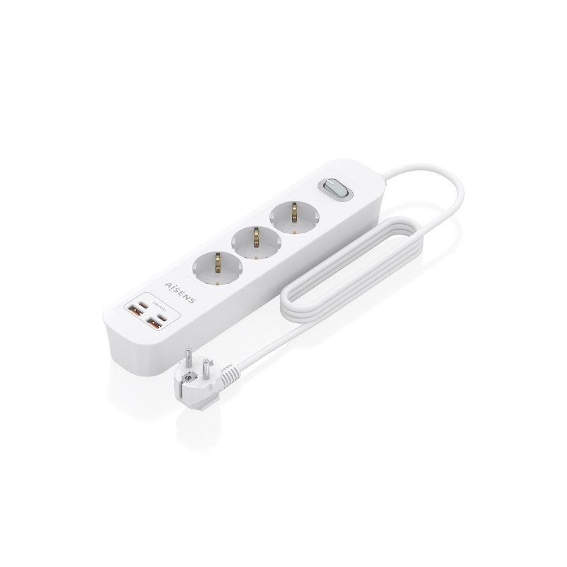 Multiprise Aisens avec 3 prises Schuko - 2 ports USB-C - 2 ports USB-A - Câble de 1,4 m - Interrupteur avec témoin LED
