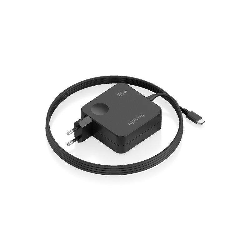 Chargeur mural Aisens - Câble USB-C intégré de 1,5 m - 65 W - Power Delivery 3.0 - Protections multiples - Noir