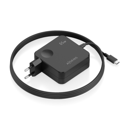 Chargeur mural Aisens - Câble USB-C intégré de 1,5 m - 65 W - Power Delivery 3.0 - Protections multiples - Noir