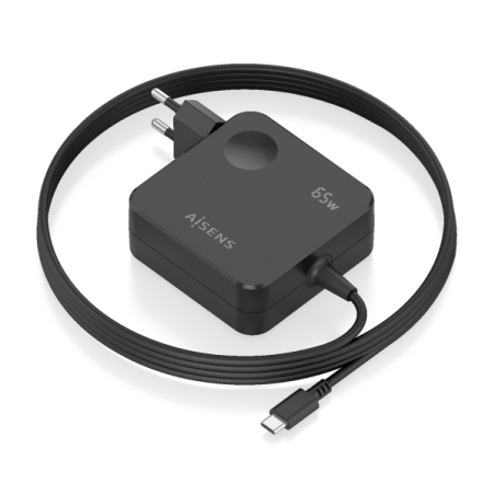Chargeur mural Aisens - Câble USB-C intégré de 1,5 m - 65 W - Power Delivery 3.0 - Protections multiples - Noir
