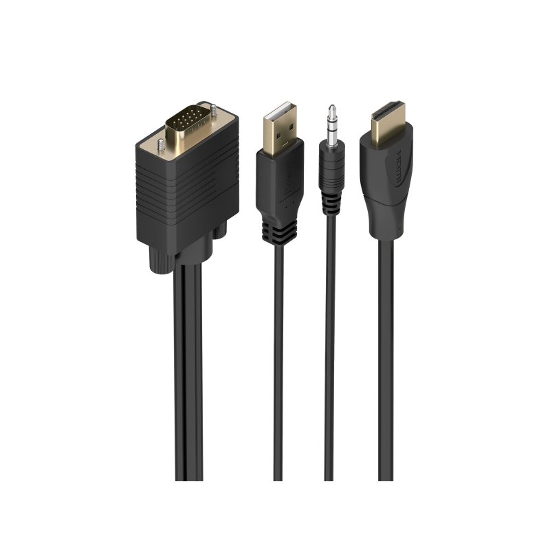 Câble convertisseur Aisens SVGA+Audio vers HDMI - Longueur : 2 m - HDMI mâle - HDB15 mâle - Jack 3,5 mm mâle - USB-A mâle