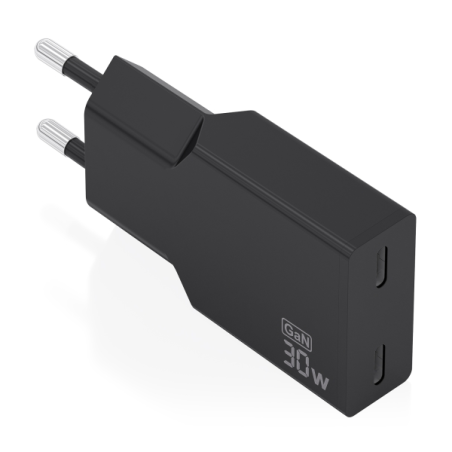 Chargeur mural Aisens - 30 W - GaN - 2 ports USB-C - Power Delivery 3.0 - Ultra-fin - Protections multiples - Noir