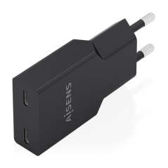 Chargeur mural Aisens - 30 W - GaN - 2 ports USB-C - Power Delivery 3.0 - Ultra-fin - Protections multiples - Noir