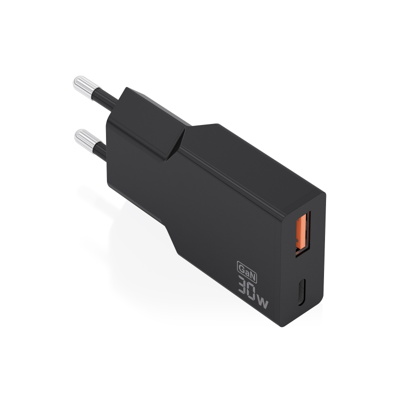 Chargeur mural Aisens - 30 W - GaN - 1 port USB-C - 1 port USB-A - Power Delivery 3.0 - Ultra-fin - Protections multiples - Noir