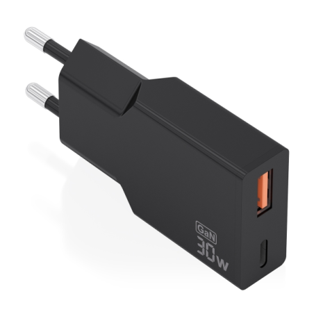 Chargeur mural Aisens - 30 W - GaN - 1 port USB-C - 1 port USB-A - Power Delivery 3.0 - Ultra-fin - Protections multiples - Noir