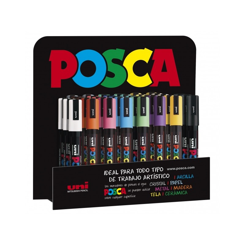 LOT de 36 Posca PC-5M/3D Présentoir de 36 Marqueurs Peinture - Pointe Polyester 1,8-2,5 mm - Encre à Base d'Eau - Non Permanent