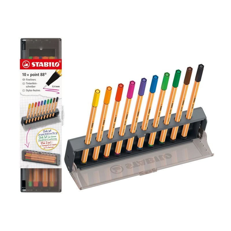 Coffret de bureau Stabilo Point 88 avec 10 feutres à pointe fibre - Largeur de trait env. 0,4 mm - Encre à base d'eau