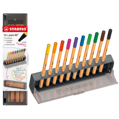 Coffret de bureau Stabilo Point 88 avec 10 feutres à pointe fibre - Largeur de trait env. 0,4 mm - Encre à base d'eau