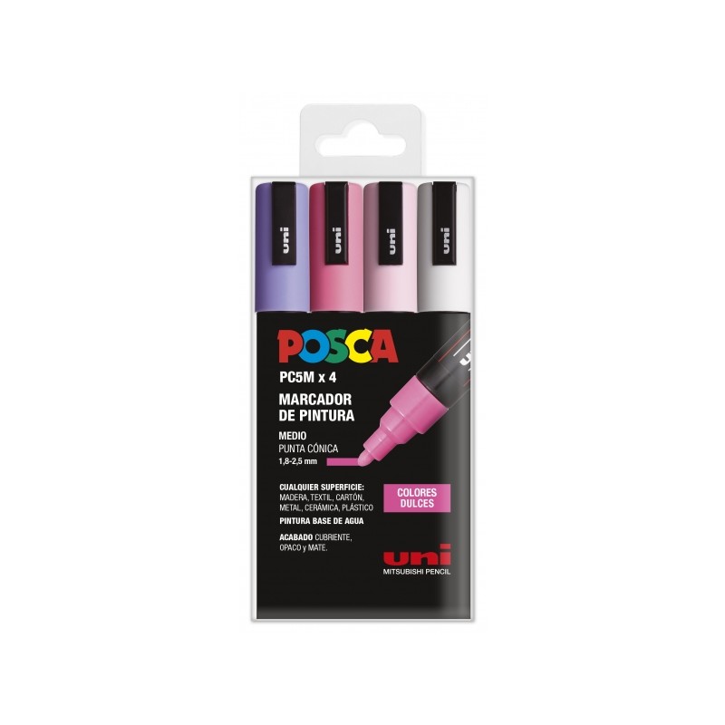 Posca PC-5M Étui de 4 marqueurs peinture - Pointe ogive 1,8-2,5 mm - Encre à base d'eau - Résistant à la lumière - Couleurs