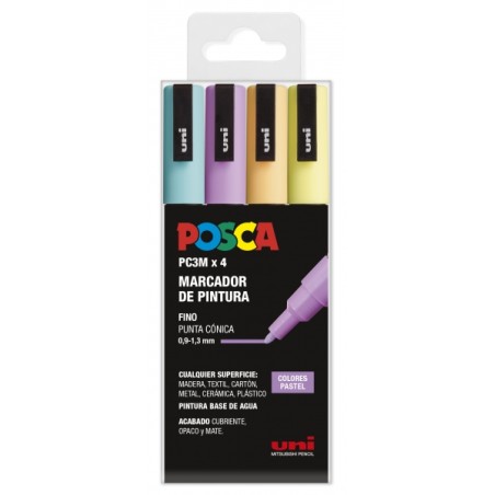 ✅ Posca PC-3M Etui de 4 Marqueurs Peinture - Pointe Conique Polyester 0,9-1,3 mm - Encre à Base d'Eau - Non Per en stock