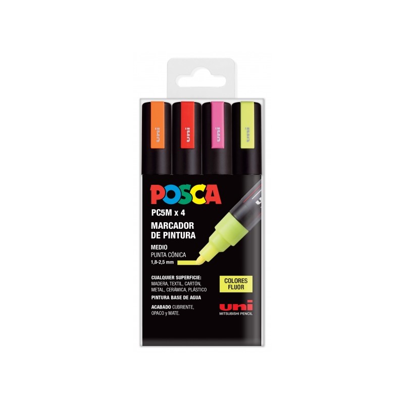 Posca PC-5M Étui de 4 marqueurs peinture - Pointe ogive 1,8-2,5 mm - Encre à base d'eau - Résistant à la lumière - Non