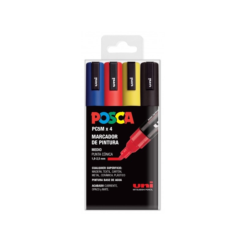Posca PC-5M/4C Étui de 4 marqueurs peinture - Pointe ogive 1,8-2,5 mm - Encre à base d'eau - Non permanent - Résistant à la