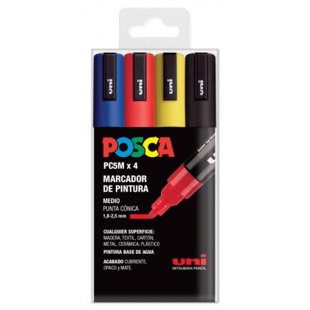 ✅ Posca PC-5M/4C Étui de 4 marqueurs peinture - Pointe ogive 1,8-2,5 mm - Encre à base d'eau - Non permanent - en stock