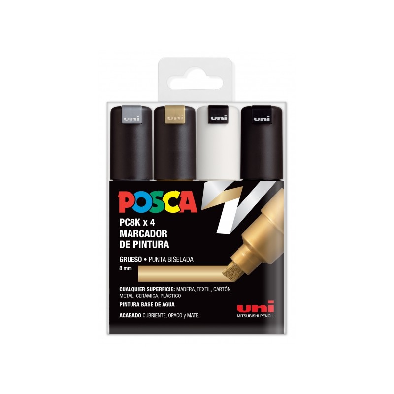 Posca PC-8K Étui de 4 marqueurs peinture - Pointe biseautée en acrylique 8 mm - Encre à base d'eau - Résistant à la lumière