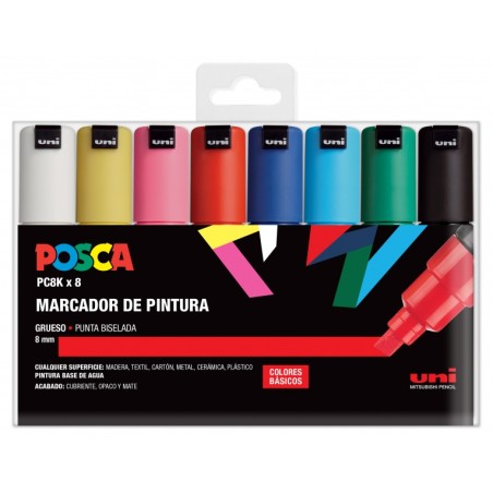 ✅ Posca PC-8K/8C Étui de 8 marqueurs peinture - Pointe biseautée en acrylique 8 mm - Encre à base d'eau - Ré en stock