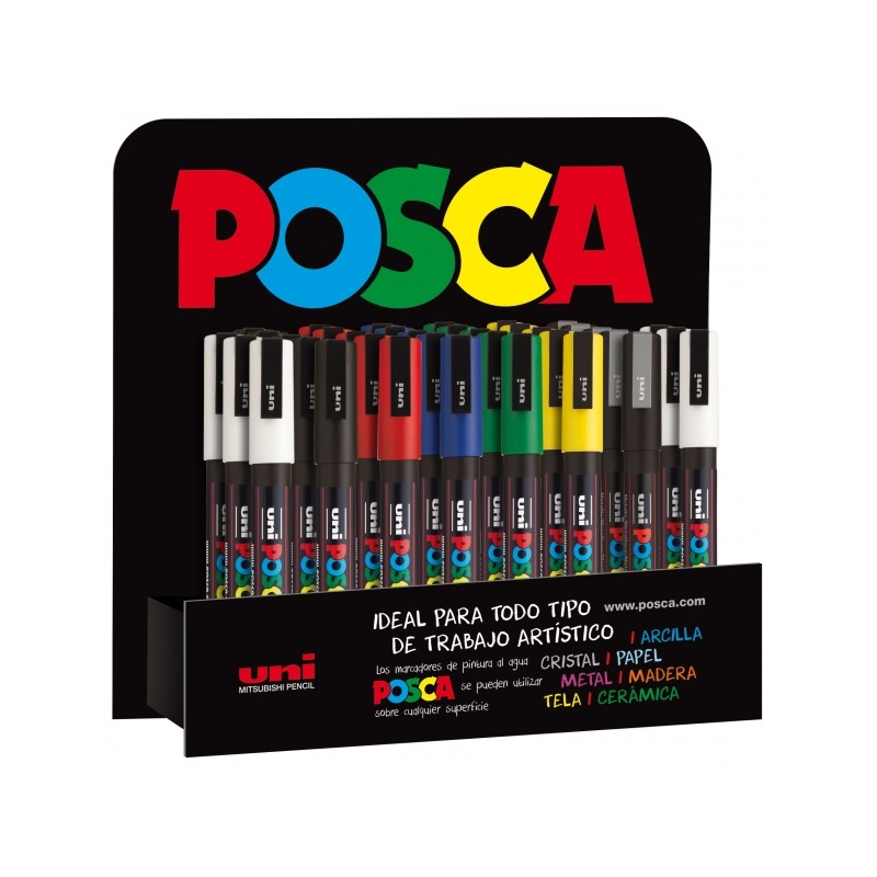 LOT de 36 Posca PC-3M Présentoir de 36 Marqueurs Peinture - Pointe Conique Polyester 0,9-1,3 mm - Encre à Base d'Eau