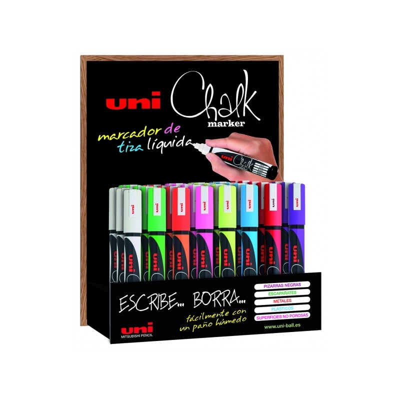 LOT de 36 Uni-ball PWE-5M/3D Présentoir de 36 marqueurs à craie liquide - Pointe conique 1,8-2,5 mm - Effaçable à l'eau