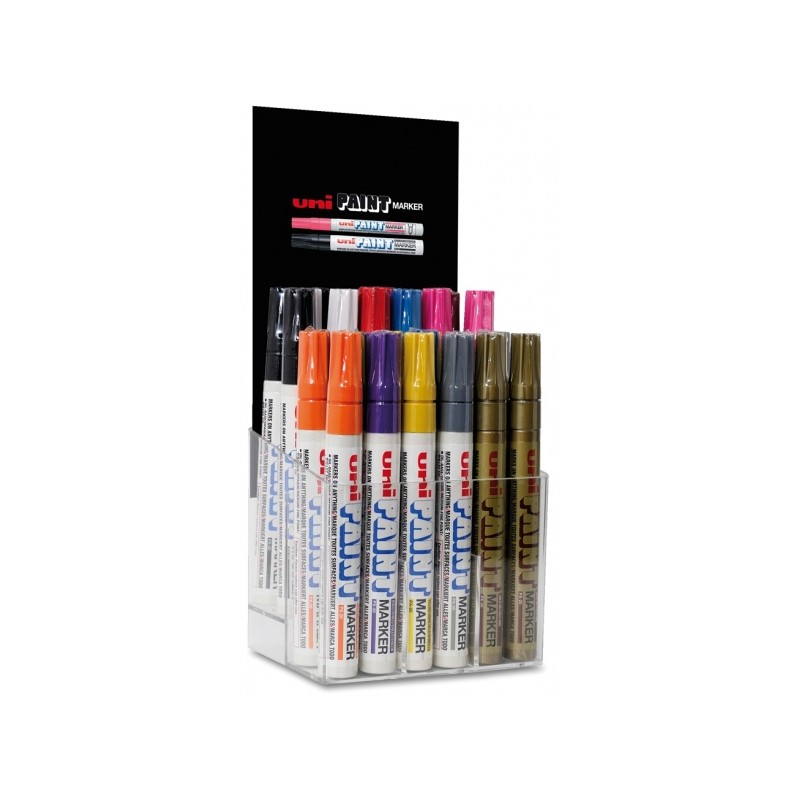 LOT de 30 Uni-ball PX-20/30P Présentoir de 30 marqueurs peinture - Pointe ogive en acrylique 2,2-2,8 mm - Permanent sur toutes