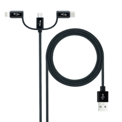 Câble Nanocable USB-A 2.0 mâle vers USB-C, MicroUSB et Lightning mâle, 1 m - Noir
