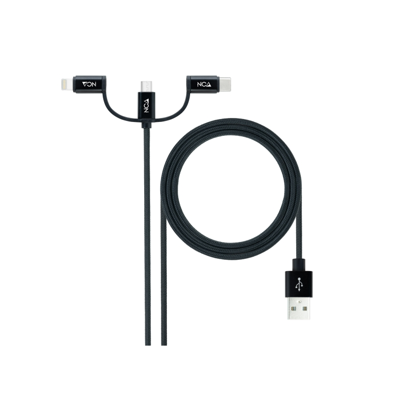 Câble Nanocable USB-A 2.0 mâle vers USB-C, MicroUSB et Lightning mâle, 1 m - Noir