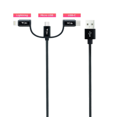 Câble Nanocable USB-A 2.0 mâle vers USB-C, MicroUSB et Lightning mâle, 1 m - Noir