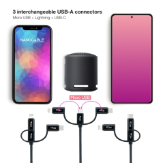 Câble Nanocable USB-A 2.0 mâle vers USB-C, MicroUSB et Lightning mâle, 1 m - Noir