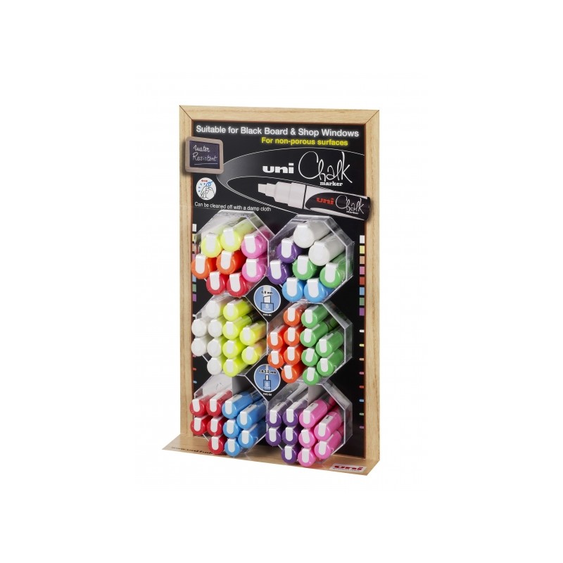 LOT de 60 Uni-ball PWE-5M/8K Présentoir de 60 marqueurs à craie liquide - Pointe biseautée 8 mm - Effaçable à l'eau - Résistant