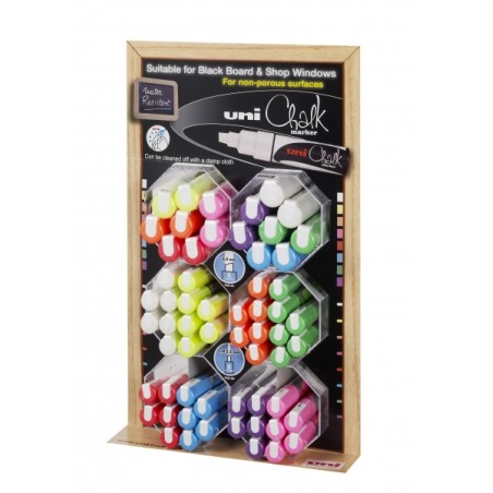 ✅ LOT de 60 Uni-ball PWE-5M/8K Présentoir de 60 marqueurs à craie liquide - Pointe biseautée 8 mm - Effaçabl en stock